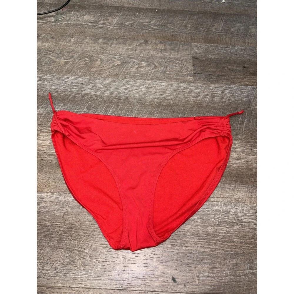 Athleta Womens Red Ruched Bikini Swim Bottoms L Gathered Drawstring High Waist